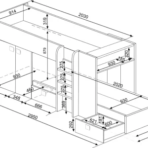 מיטת קומותיים עם ארון ומגירות נשלפות בגודל 90X200 ס"מ