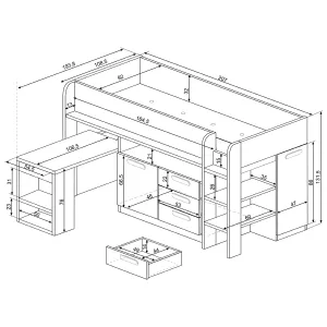 מיטת גלריה בינונית 90×200 עם שולחן ומגירות דגם B08