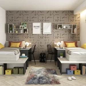 מיטה אוניברסלית עם שולחן ויחידות אחסון 90×200