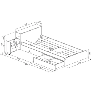 מיטה בגודל 90×200 עם שידה ומגירות