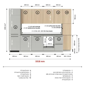 סט מטבח MILINO Medium B – 332, אפור/אלון עם משטח עבודה