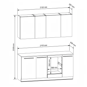 סט מטבח MILINO Small – 210, צבע לבן/אלון, כולל משטח עבודה