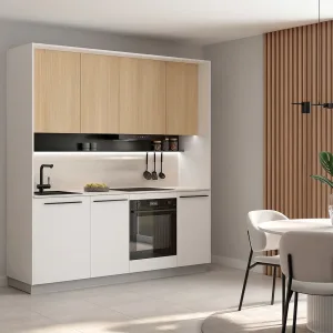 סט מטבח MILINO Small – 210, צבע לבן/אלון, כולל משטח עבודה