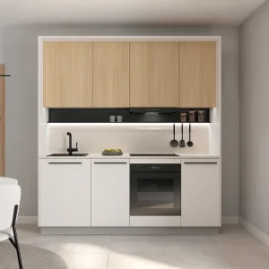 סט מטבח MILINO Small – 210, צבע לבן/אלון, כולל משטח עבודה