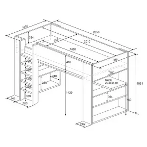 מיטת לופט עם שולחן כתיבה Bo5 בצבע עץ טבעי/לבן – 90×200