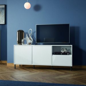 שידת טלוויזיה AVENALE בגימור לבן מבריק – עיצוב קליל לפינת טלוויזיה מסודרת