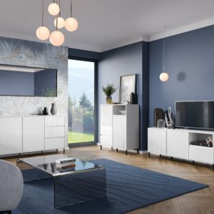 שידת טלוויזיה AVENALE בגימור לבן מבריק – עיצוב קליל לפינת טלוויזיה מסודרת