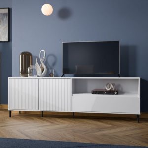 שידת טלוויזיה AVENALE בלבן מבריק – אלגנטיות מודרנית לפינת המדיה שלך