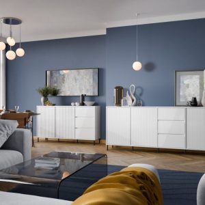 קומודה רחבה AVENELE בלבן מבריק – עיצוב יוקרתי ואחסון חכם