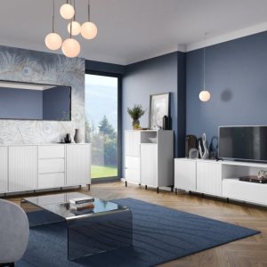 קומודה רחבה AVENELE בלבן מבריק – עיצוב יוקרתי ואחסון חכם