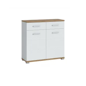 קומודה דו-דלתית עם מגירות – דגם HOLA, לבן ועץ אלון