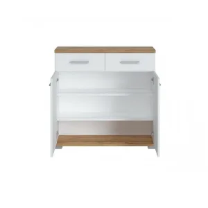 קומודה דו-דלתית עם מגירות – דגם HOLA, לבן ועץ אלון