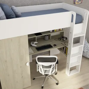 מיטת גלריה לילדים FLOW White עם שולחן וארון | 90×200