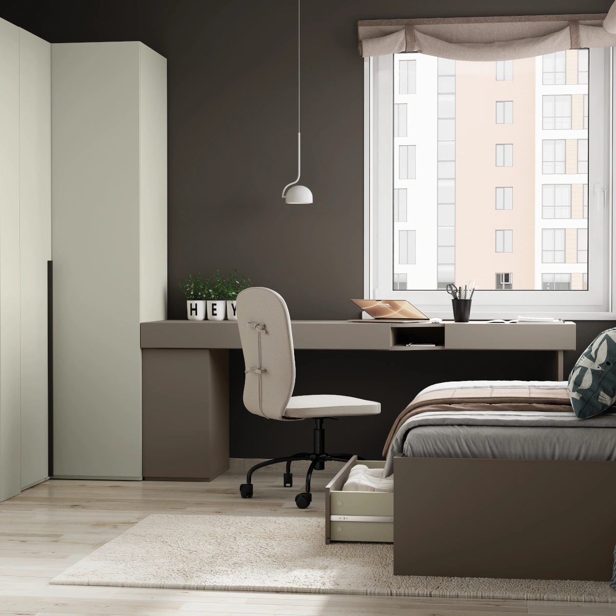 חדר נוער עם שולחן כתיבה, ארון ומיטה מקולקציית WOW של LENART