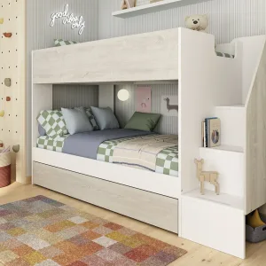 מיטת קומותיים Trasman Easy Storage בגוון לבן ו-קאשינה בחדר ילדים