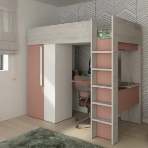 מיטת קומותיים עם שולחן כתיבה וארון 90×200 ס״מ | TRASMAN | Bo9 | קסינה/לבן/ורוד עתיק