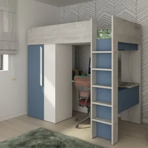מיטת קומותיים עם שולחן כתיבה וארון 90×200 ס״מ | TRASMAN | Bo9 | קסינה/לבן/כחול מעושן