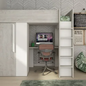 מבט חזיתי על מיטת גלריה Bo9 בגווני עץ קסינה ולבן עם פינת עבודה מובנית