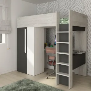 מיטת קומותיים עם שולחן כתיבה וארון 90×200 ס״מ | TRASMAN | Bo9 | קסינה/לבן/גרפיט